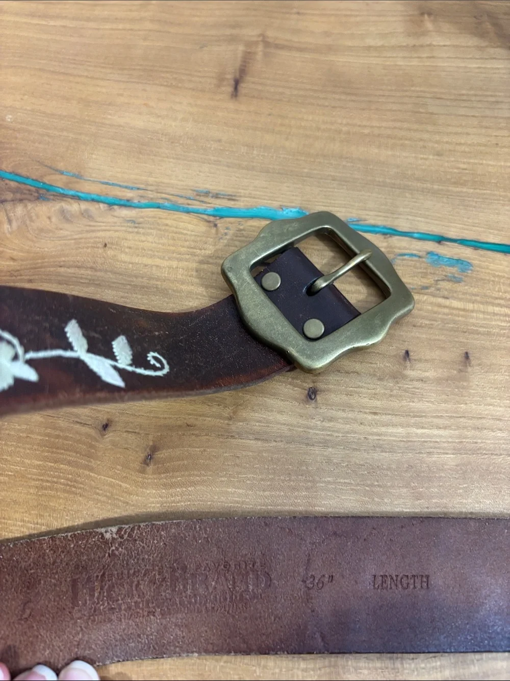 Lucky Brand Vintage Floral Embroidered Leather Belt. 36” solid brass
